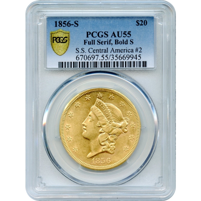 1856-S $20 Liberty Head Double Eagle, 17C PCGS AU55 Ex. SS Central America #2