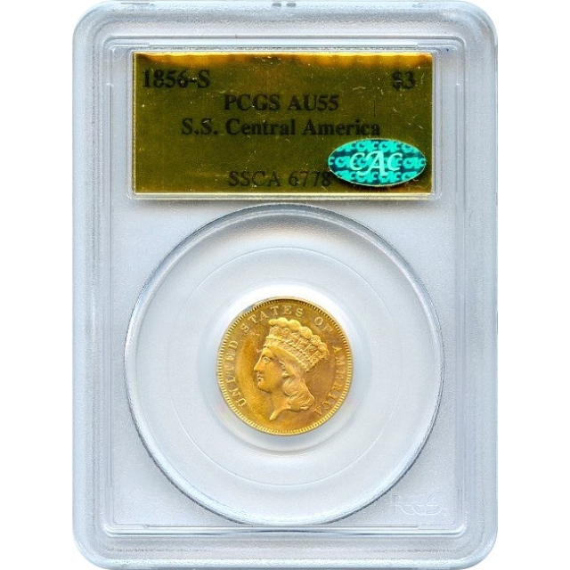 1856-S $3 Indian Princess Three Dollar PCGS AU55 CAC Ex.SS Central America