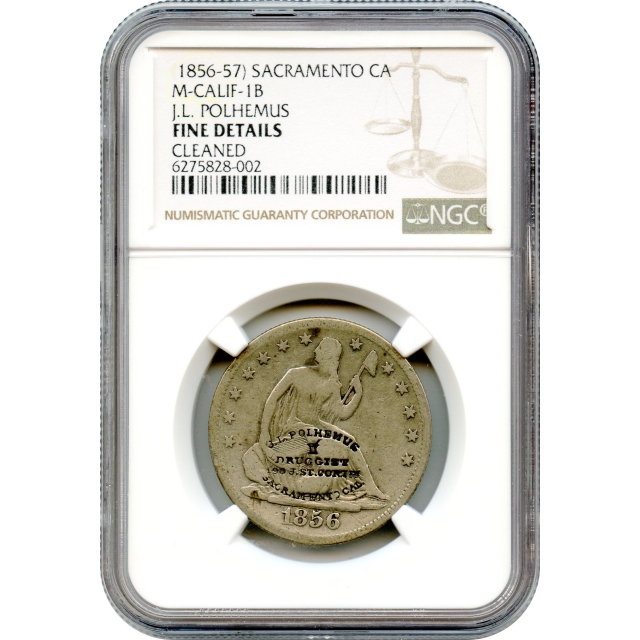 1856-S 50C Liberty Seated Half Dollar NGC F Details w/J.L. Polhemus/Druggist Counterstamp-!