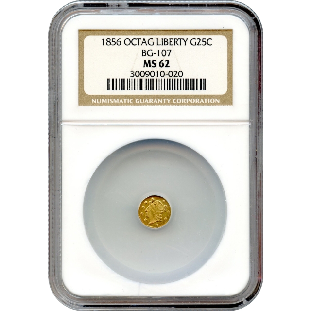 BG- 107, 1856 California Gold Rush Circulating Fractional Gold 25C, Liberty Octagonal NGC MS62