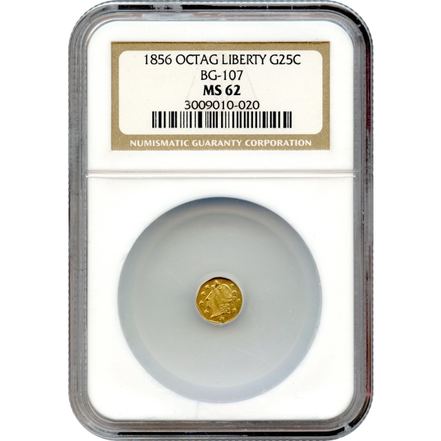 BG- 107, 1856 California Gold Rush Circulating Fractional Gold 25C, Liberty Octagonal NGC MS62