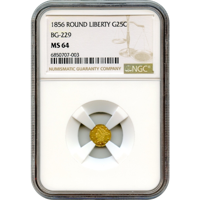 BG- 229, 1856 California Gold Rush Circulating Fractional Gold 25C, Liberty Round NGC MS64