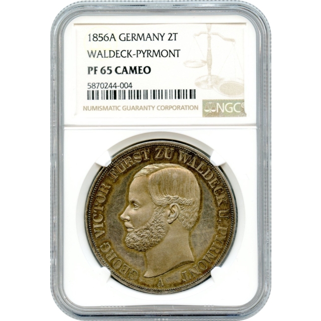 World Silver - 1856A 2 Thaler Waldeck-Pyrmont, Germany NGC PR65 Cameo - Actually Deep Mirror Prooflike!