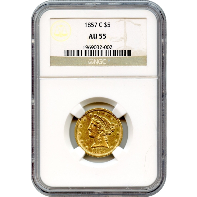 1857-C $5 Liberty Head Half Eagle NGC AU55