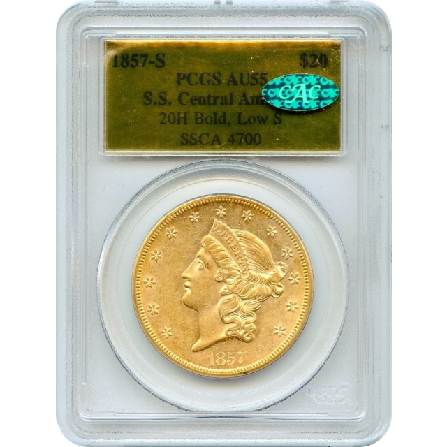 1857-S $20 Liberty Head Double Eagle 20H PCGS AU55 (CAC) Ex.SS Central America