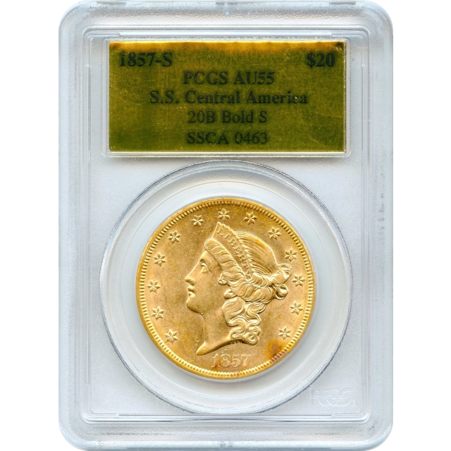 1857-S $20 Liberty Head Double Eagle, 20B PCGS AU55 Ex.SS Central America w/Box & COA