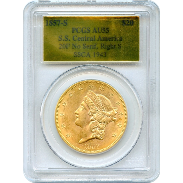 1857-S $20 Liberty Head Double Eagle, 20F PCGS AU55 Ex.SS Central America w/Box & COA