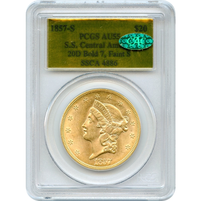 1857-S $20 Liberty Head Double Eagle, 20D PCGS AU55 (CAC) Ex.SS Central America w/Box & COA