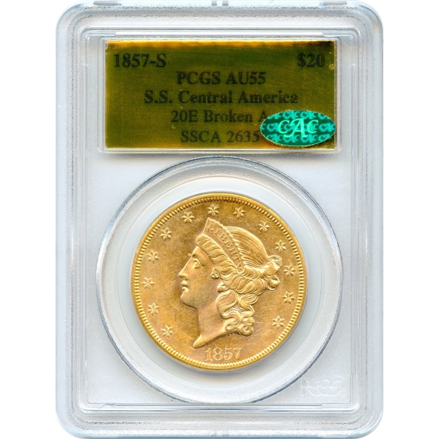 1857-S $20 Liberty Head Double Eagle, 20E PCGS AU55 (CAC) Ex.SS Central America w/Box & COA