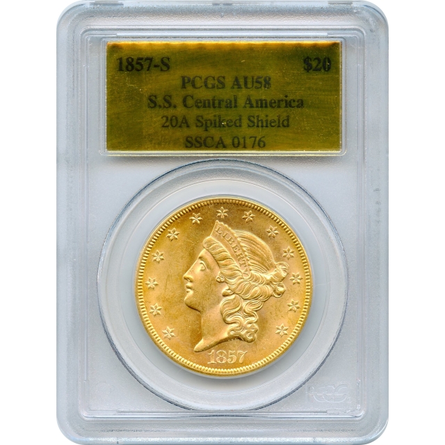 1857-S $20 Liberty Head Double Eagle, 20A PCGS AU58 Ex. SS Central America