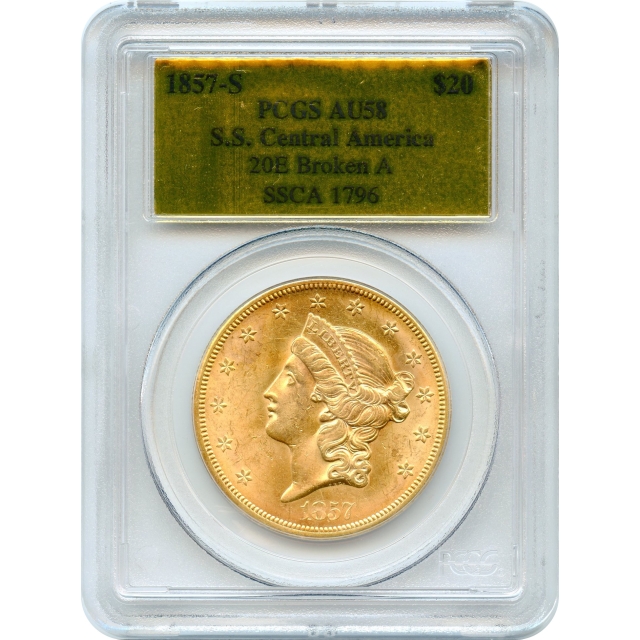 1857-S $20 Liberty Head Double Eagle, 20E PCGS AU58 Ex.SS Central America w/Box & COA
