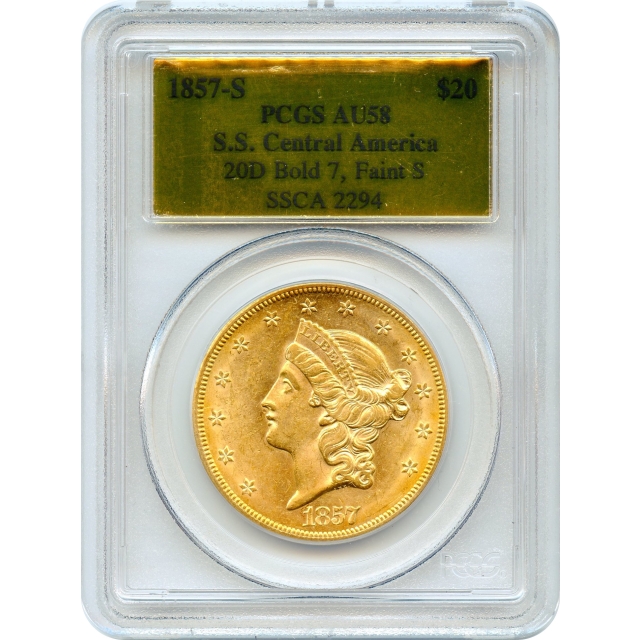 1857-S $20 Liberty Head Double Eagle, 20D PCGS AU58 Ex. SS Central America