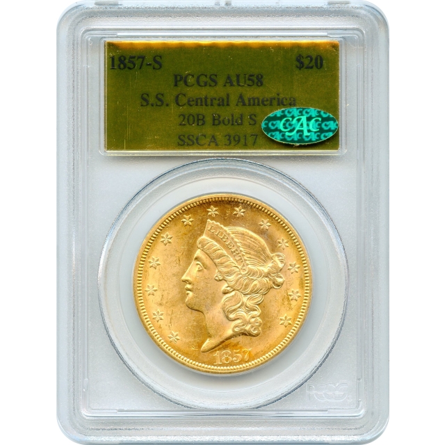 1857-S $20 Liberty Head Double Eagle, 20B PCGS AU58 (CAC) Ex.SS Central America 