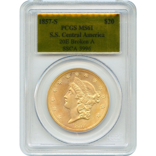 1857-S $20 Liberty Head Double Eagle 20E, PCGS MS61 Ex. SS Central America