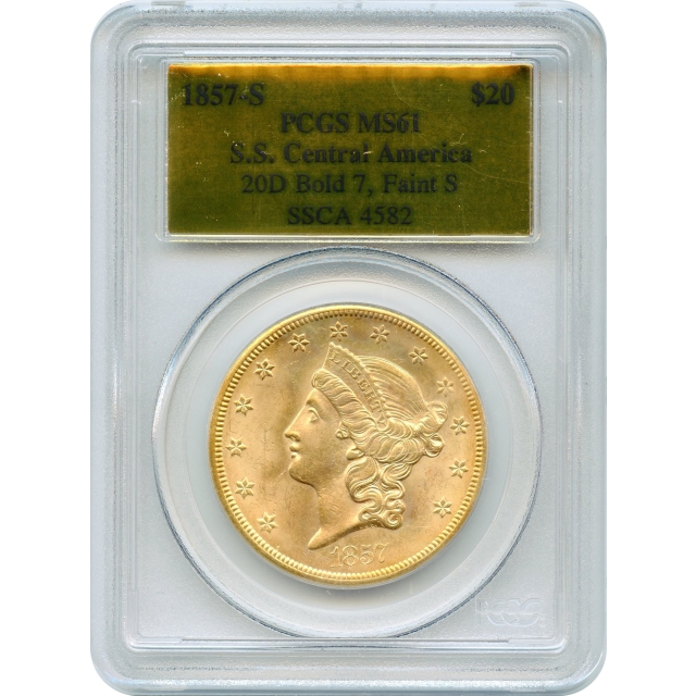 1857-S $20 Liberty Head Double Eagle, 20D PCGS MS61 Ex. SS Central America