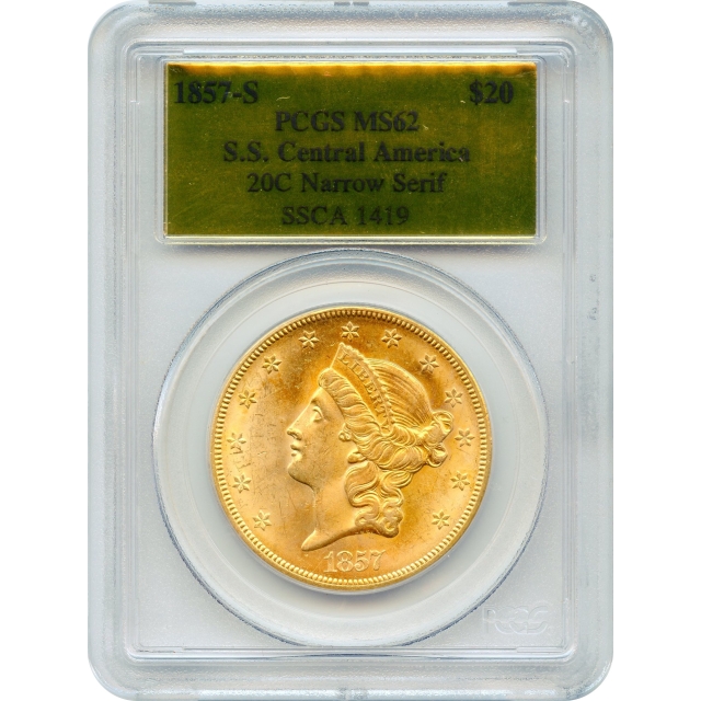 1857-S $20 Liberty Head Double Eagle 20C, PCGS MS62 Ex. SS Central America