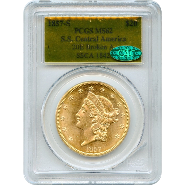 1857-S $20 Liberty Head Double Eagle, 20E PCGS MS62 (CAC) Ex.SS Central America
