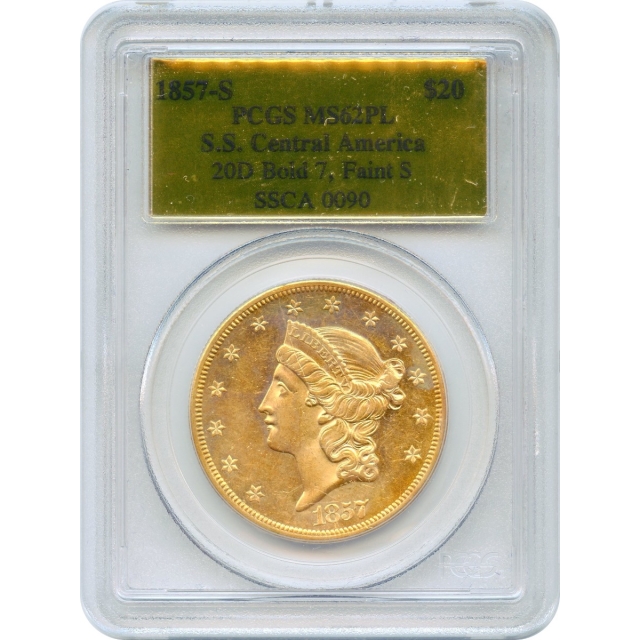 1857-S $20 Liberty Head Double Eagle, 20D PCGS MS62 Prooflike Ex. SS Central America