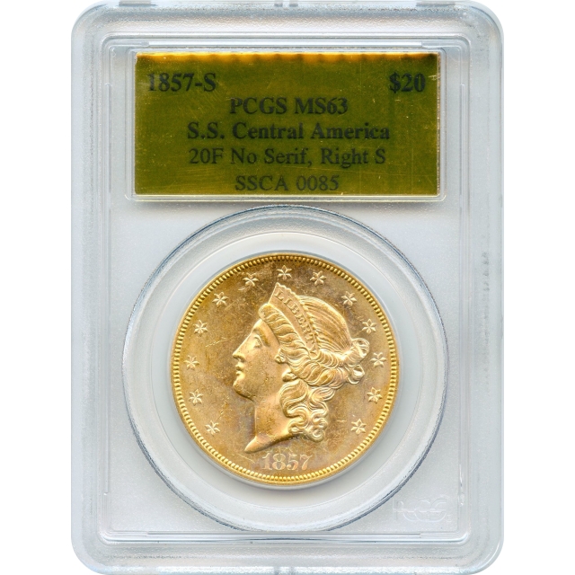 1857-S $20 Liberty Head Double Eagle, 20F PCGS MS63 Ex. SS Central America	