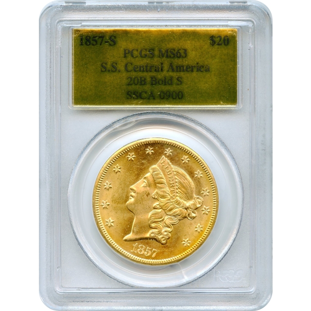 1857-S $20 Liberty Head Double Eagle, 20A PCGS MS63 Ex. SS Central America