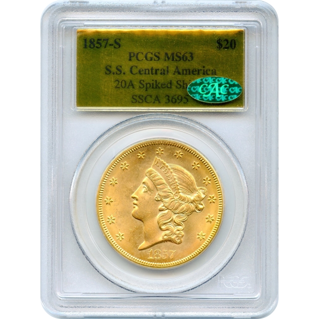 1857-S $20 Liberty Head Double Eagle PCGS MS63 (CAC) Ex. SS Central America