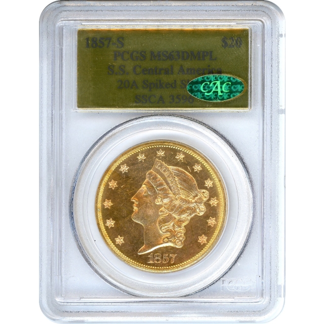 1857-S $20 Liberty Head Double Eagle, Variety 20A PCGS MS63 Deep Mirror Prooflike (CAC) Ex. SS Central America