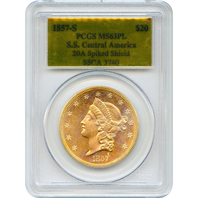 1857-S $20 Liberty Head Double Eagle 20A, PCGS MS63 Prooflike Ex.SS Central America