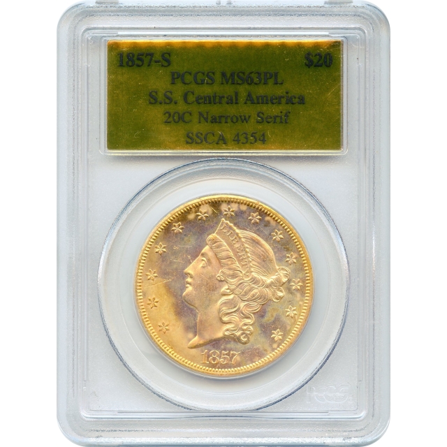 1857-S $20 Liberty Head Double Eagle 20C, PCGS MS63 Prooflike Ex.SS Central America