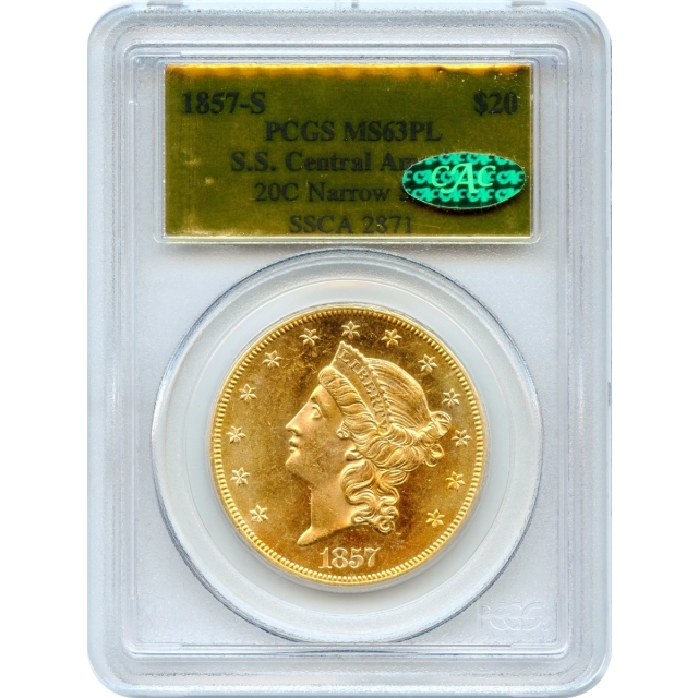 1857-S $20 Liberty Head Double Eagle 20C PCGS MS63 Prooflike (CAC) Ex.SS Central America