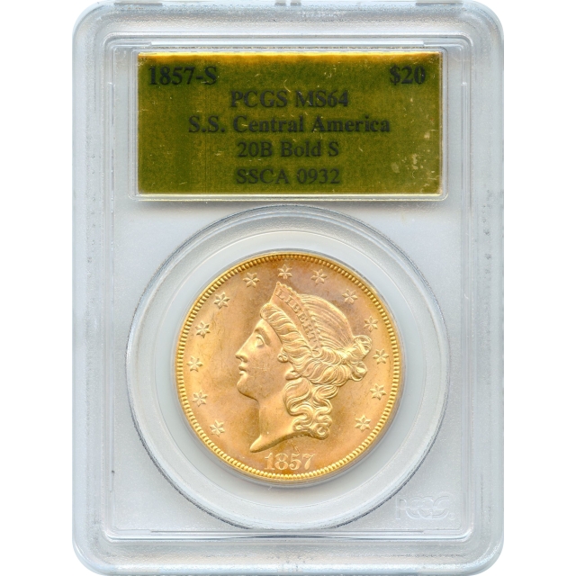 1857-S $20 Liberty Head Double Eagle, 20B variety PCGS MS64 Ex.SS Central America