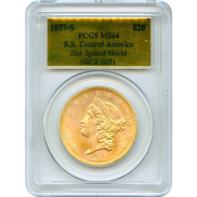 1857-S $20 Liberty Head Double Eagle, 20A PCGS MS64 Ex. SS Central America