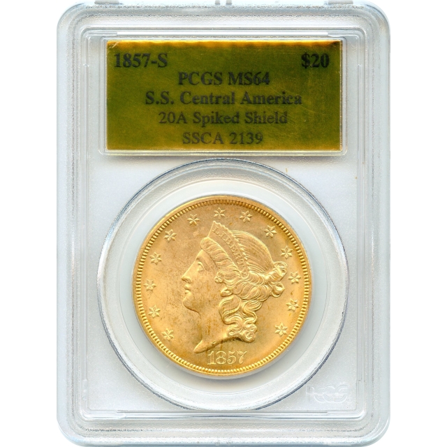 1857-S $20 Liberty Head Double Eagle, 20A PCGS MS64 Ex. SS Central America w/box & COA