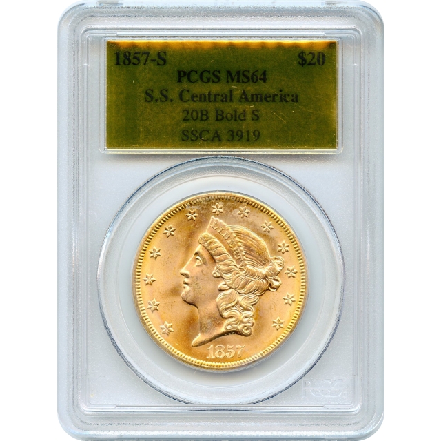 1857-S $20 Liberty Head Double Eagle, 20B PCGS MS64 Ex. SS Central America