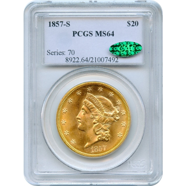 1857-S $20 Liberty Head Double Eagle PCGS MS64 (CAC)