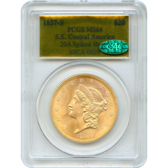 1857-S $20 Liberty Head Double Eagle, 20A PCGS MS64 (CAC) Ex. SS Central America