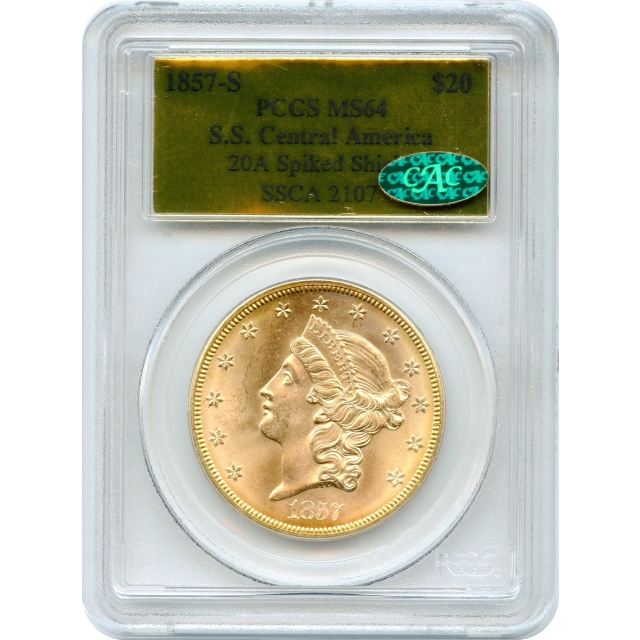 1857-S $20 Liberty Head Double Eagle, 20A PCGS MS64 (CAC) Ex. SS Central America