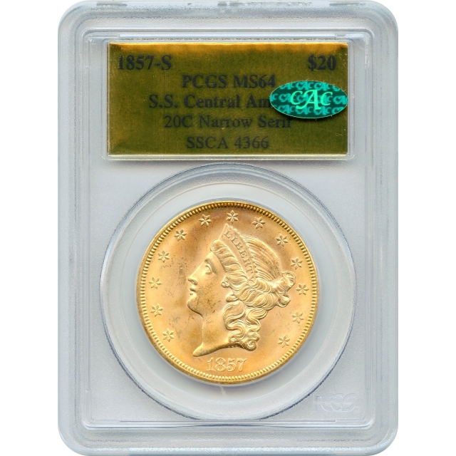 1857-S $20 Liberty Head Double Eagle 20C, PCGS MS64 (CAC) Ex.SS Central America