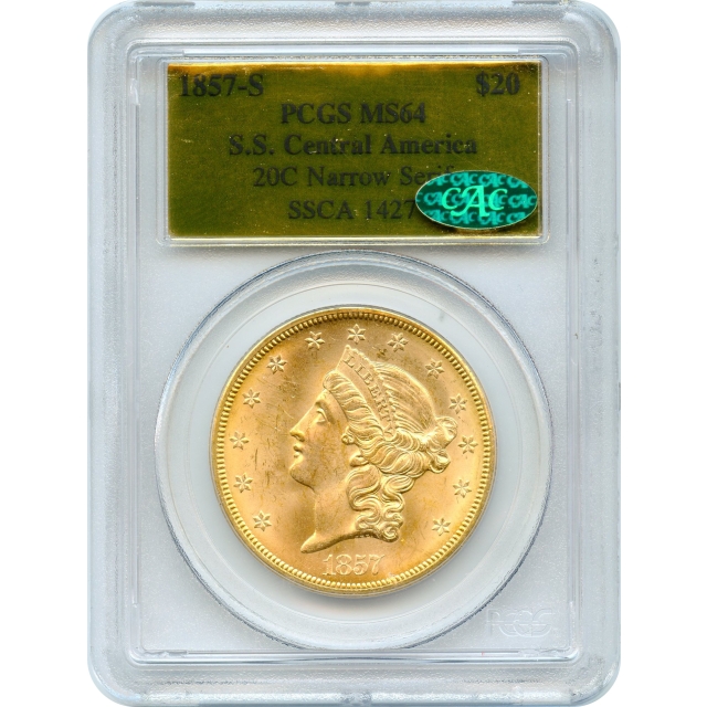 1857-S $20 Liberty Head Double Eagle 20B PCGS MS64 (CAC) Ex.SS Central America