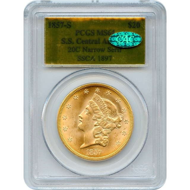 1857-S $20 Liberty Head Double Eagle 20C PCGS MS64 (CAC) Ex.SS Central America 