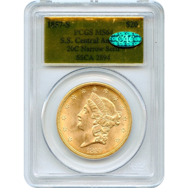 1857-S $20 Liberty Head Double Eagle 20C PCGS MS64 (CAC) Ex.SS Central America 