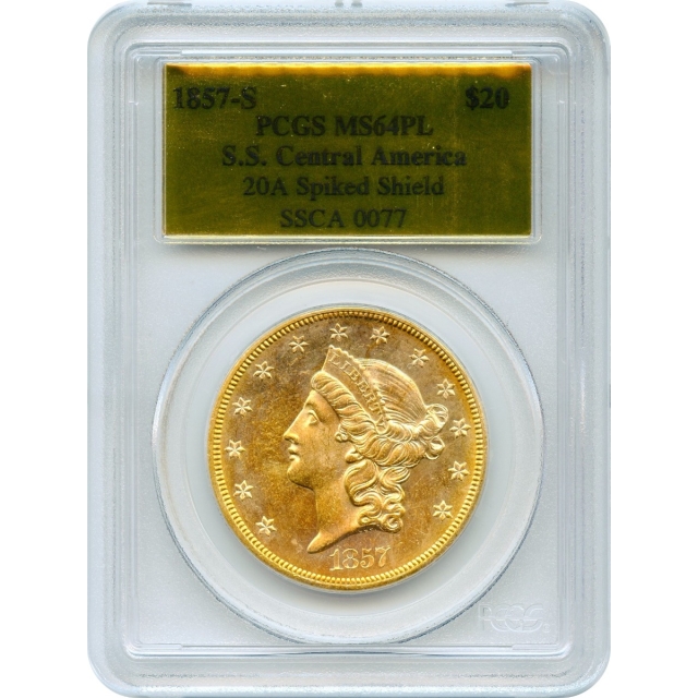 1857-S $20 Liberty Head Double Eagle, 20A PCGS MS64 Prooflike Ex. SS Central America 