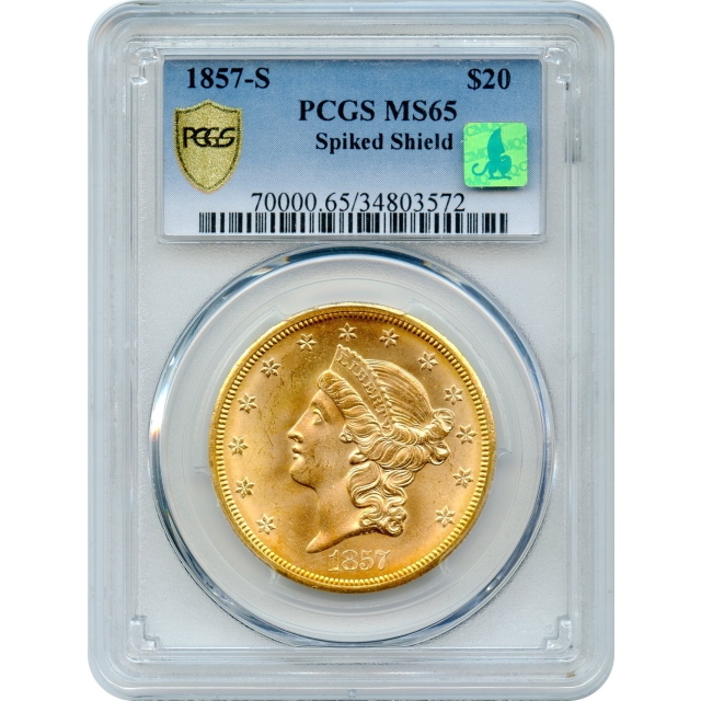 1857-S $20 Liberty Head Double Eagle, 20A PCGS MS65