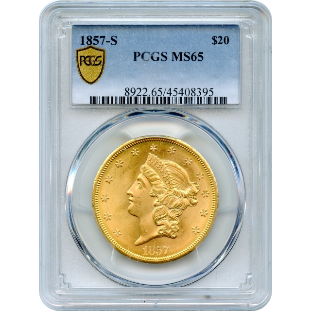 1857-S $20 Liberty Head Double Eagle PCGS MS65