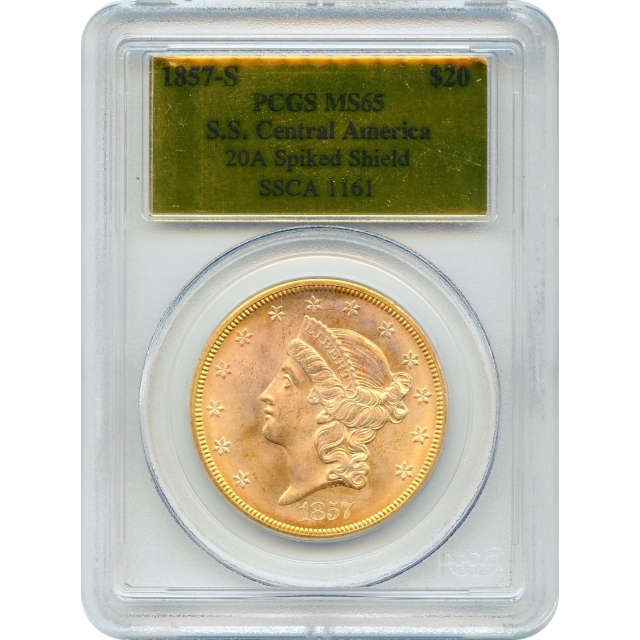 1857-S $20 Liberty Head Double Eagle, Variety 20A, PCGS MS65 Ex. SS Central America