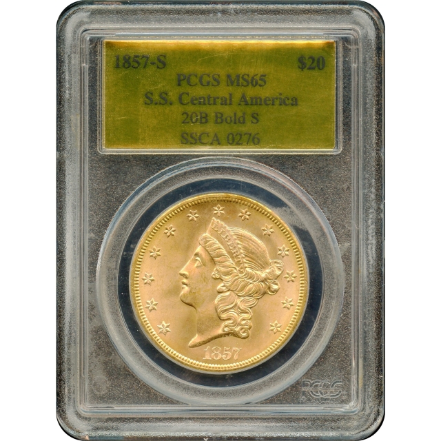 1857-S $20 Liberty Head Double Eagle PCGS MS65 Ex.S.S. Central America w/ Box & COA