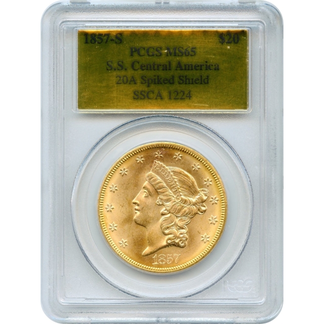 1857-S $20 Liberty Head Double Eagle 20A PCGS MS65 Ex.SS Central America w/Box & COA