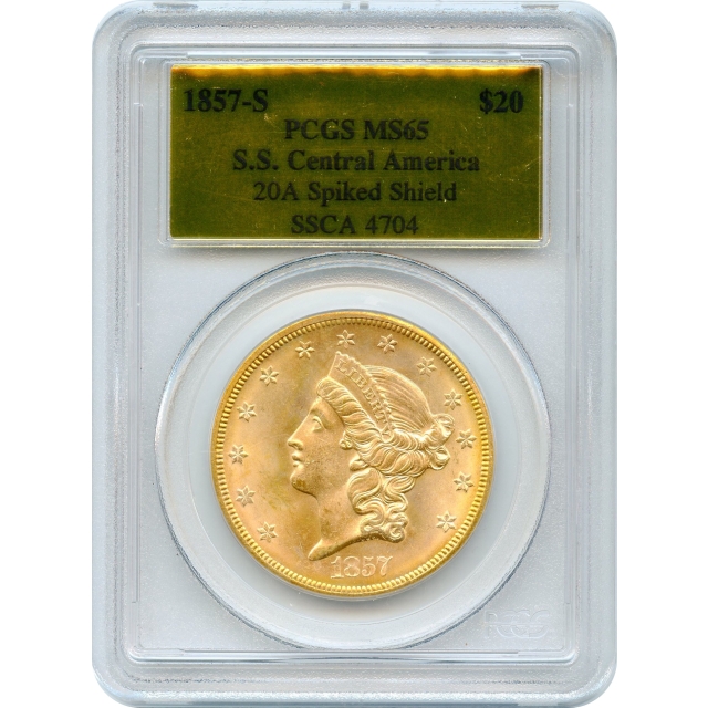 1857-S $20 Liberty Head Double Eagle, 20A PCGS MS65 Ex. SS Central America w/box & COA