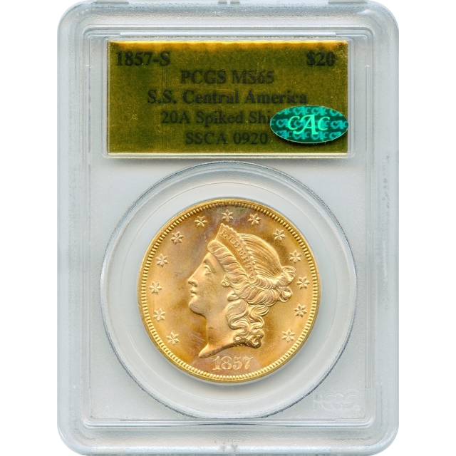 1857-S $20 Liberty Head Double Eagle, Variety 20A, PCGS MS65 Ex.SS Central America (CAC)