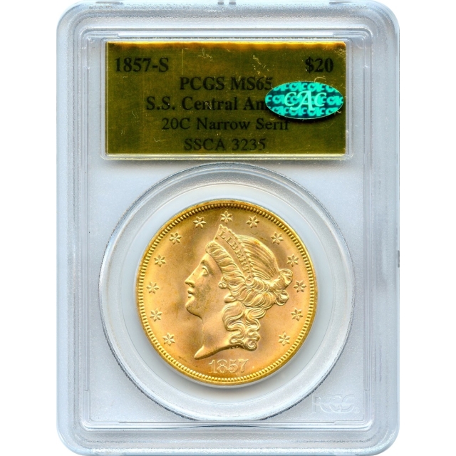 1857-S $20 Liberty Head Double Eagle 20C PCGS MS65 (CAC) Ex.SS Central America