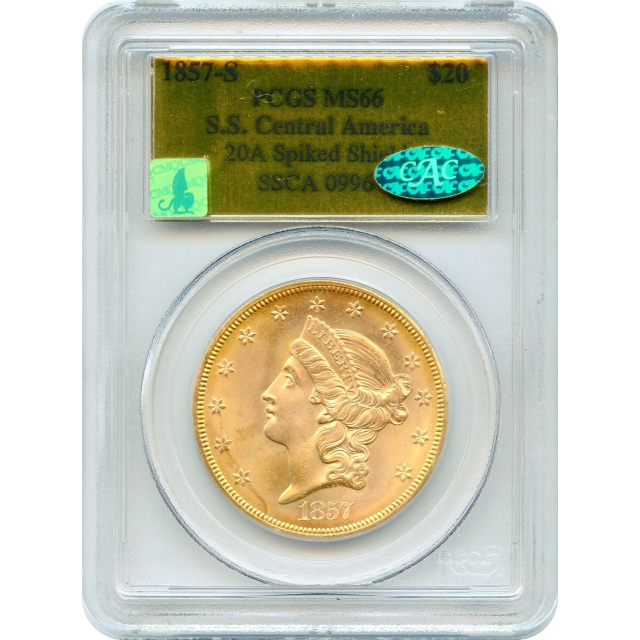 1857-S $20 Liberty Head Double Eagle, 20A variety PCGS MS66 (CAC) Ex.SS Central America